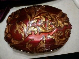 Vintage Goofus Glass Red &gold Reverse Painted Oval Candy Dish