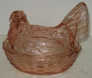 Vintage Pink Pressed Glass Hen On Nest Chicken Covered Candy Dish