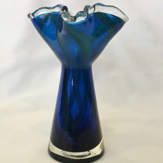 Cobalt Blue Hand Blown Art Glass Vase With White Yellow Orange Swirl 6”