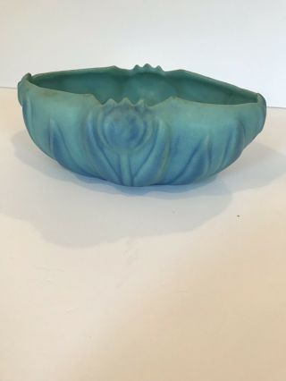 Signed Van Briggle Art Pottery Planter Bowl In Ming Blue With Art Nouveau Tulips