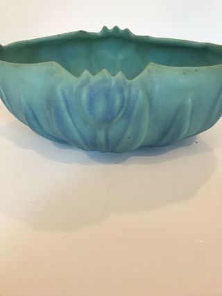 Signed Van Briggle Art Pottery Planter Bowl in Ming Blue with Art Nouveau Tulips 2