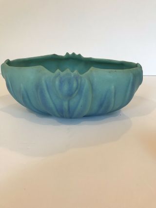 Signed Van Briggle Art Pottery Planter Bowl in Ming Blue with Art Nouveau Tulips 3