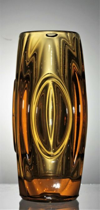 Stunning Mid Century Sklo Union Lens Vase In Amber Glass - 15 Cm