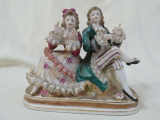 Antique Victorian Porcelain Young Couple Figurine,  Hand Painted Gold Trim