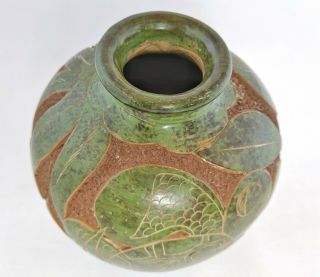 Costa Rica Sea Turtle Pot Etched Carved Green 4.  5 