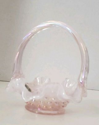 Fenton Art Glass Mini Basket Opalescent Ruffled Rim Pink Iridescent Hobnail