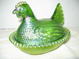 Indiana Carnival Iridescent Lime Green Glass Chicken Hen On Nest