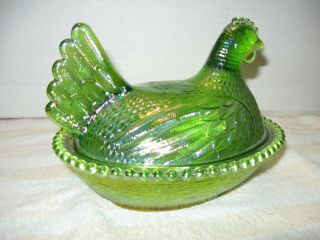 Indiana Carnival Iridescent lime green Glass Chicken Hen on nest 2