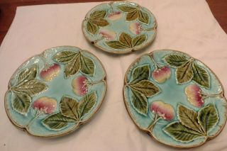 3 Antique Majolica Plates With Strawberries