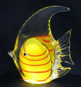 Yellow,  Red Stripe Tropical Angel Fish,  Large Bubble Art Glass Blown Paperweight