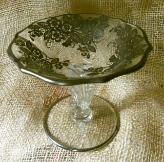 Vintage Fostoria Glass Baroque Pattern With Wild Rose Silver Overlay Compote