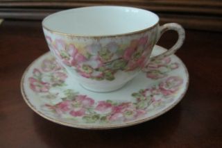 Ls&s Limoges France Antique Porcelain Pink Roses Cup & Saucer