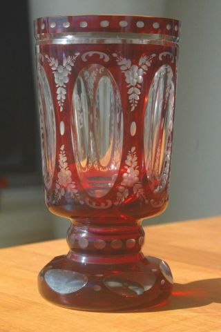 19thc Antique Bohemian Red Cut To Clear Floral Etched Glass Monogram D A B.  6 "