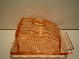 Vintage Pink Depression Glass Cheese Or Butter Dish,  Art Deco Look W/ Cover,  Exc