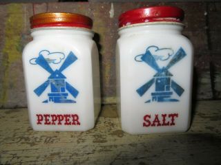 Vintage Hazel Atlas Dutch Windmill White Milk Glass Salt And Pepper Shaker Set