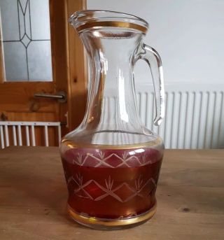 Vintage Glass Water Jug Pitcher Red And Gilded