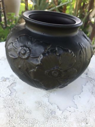 Tiffin Black Satin Art Glass Vase Poppy Decoration 5.  5 Inches Amethyst