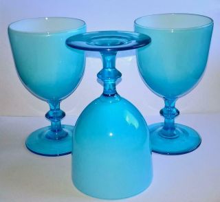 Mid - Century Modern Carlo Moretti Murano Turquoise Cased 3 X Opaline Wine Glasses