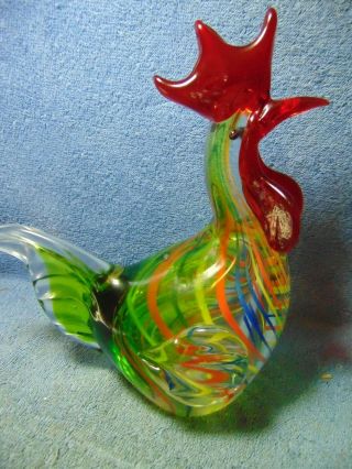 Hand Blown Glass Rooster,  8 1/4 " Tall,  7 " Wide,  Heavy Thick Glass, .