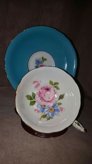Paragon Porcelain Tea Cup & Saucer Aqua Blue With Rose.  Double Warrant England
