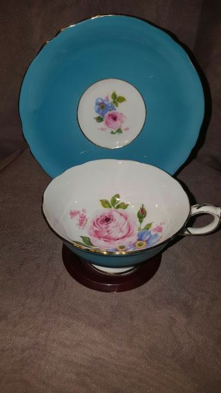 PARAGON Porcelain Tea Cup & Saucer Aqua Blue with Rose.  Double Warrant England 5