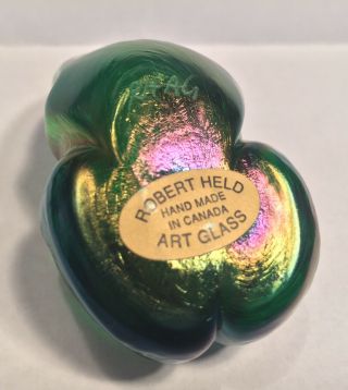 Robert Held Art Glass FROG Green Paperweight Iridescent Signed w/ Label Canada 3