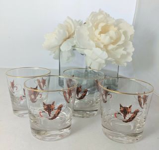 Fox Head & Whip Equestrian/hunting Old Fashion Style Glasses - Set Of 4