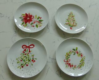 Set Of 4 American Atelier Mistletoe Memories Porcelain 6 3/4 " Christmas Plates