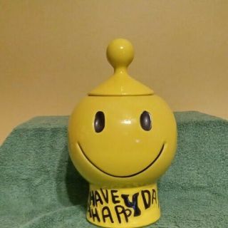 Ceramic Smiley Face Cookie Jar " Have A Happy Day "
