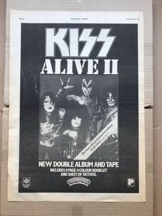 Kiss Alive Ii Poster Sized Music Press Advert From 1977 - Printed On Ne