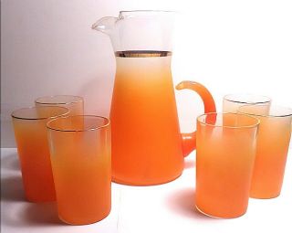 Vintage West Virginia Glass Frosted Orange Juice Pitcher With 6 Juice Glasses