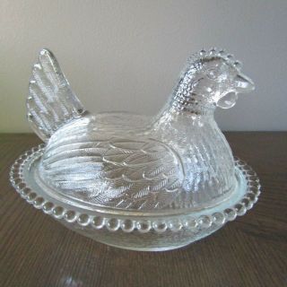 Vintage Indiana Glass Clear Rooster Hen On Nest Covered Candy Dish