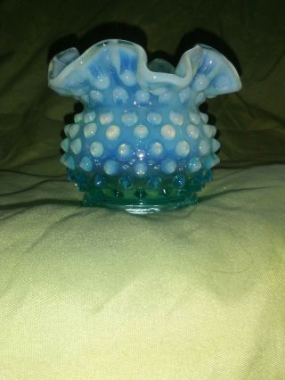 Vintage Fenton Blue Aqua Opalescent Hobnail Crimped Vase 3 Inches High
