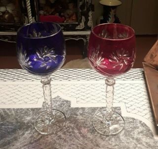 2 Ajka Crystal Cut To Clear Wine Goblet Stem Set Cobalt Blue & Ruby Red