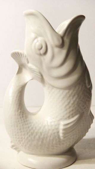 Devon Dartmouth Pottery Gurgling Fish Pitcher Vase England White Rare Jug 9”