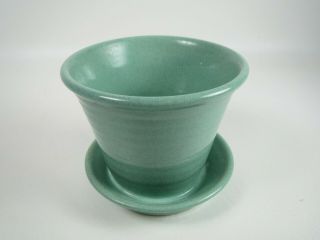 Small Green Flower Pot W/ Saucer Vtg Usa Pottery Ceramic Succulent Planter