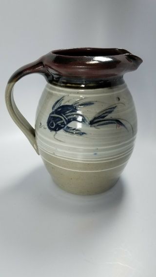 Vintage Mid Century Modern Studio Art Pottery Pitcher Koi Fish Decorated Marked
