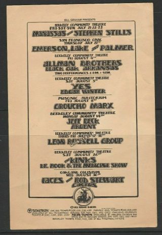 Bill Graham Presents Concert Postcard Handbill Allman Brothers The Kinks