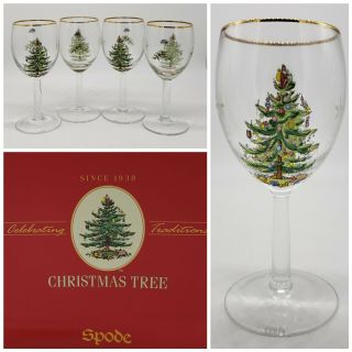 Set Of 4 Spode Christmas Tree Wine Goblets Glasses 13 Ounces With Box