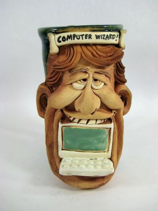 Mug Cup Mugmugs Face Jug Handmade Clay Pottery Computer Wizard Coffee Lover Ugly