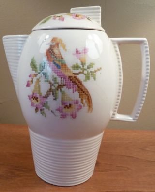 Vintage Leigh Ware Art Deco Coffee Pot With Cockatoo Floral Cross Stitch Pattern