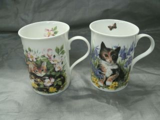 Crown Trent Set Of 2 - 4 1/8 " Mugs Cat & Flowers Fine Bone China Made In England