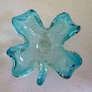 Vintage Murano Art Glass 4 Leaf Clover Dish Bowl W/bubbles Aqua Blue