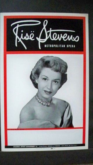 Rise Stevens Window Card Columbia Artists Management Tour 1950s