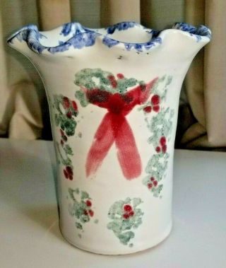 Bybee Pottery Christmas Holly Wreath Vase Blue Sponge Accent At Rim Approx 6 "