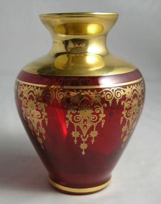 Vintage Ruby Red Vecchia Murano Glass Vase 24k Gold Art Glass With Papers