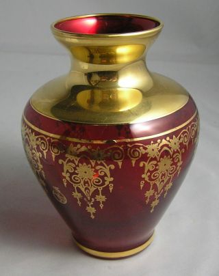 Vintage Ruby Red Vecchia Murano Glass Vase 24k Gold Art Glass With Papers 2