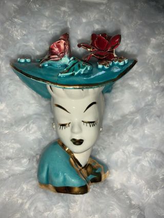 Vintage Bashful Fancy Lady Head Vase Blue Hat 5 1/2 " Gold Leaf Trim Face