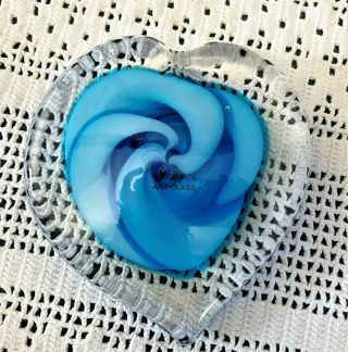 Art Glass Paper Weight Hand Blown Shades Of Blue Heart