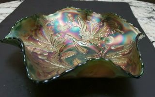 Vintage Fenton Green Irridescent Thistle Carnival Glass Bowl